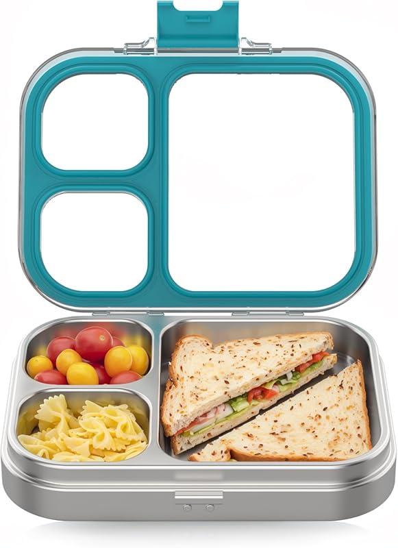 HOMEKOL Blue Stainless Steel Bento Lunch Box, 3.3 Cups 3-Compartment L