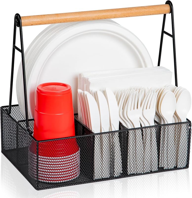 Paper Plate Organizer with Handle for Countertop, Metal Silverware Cad