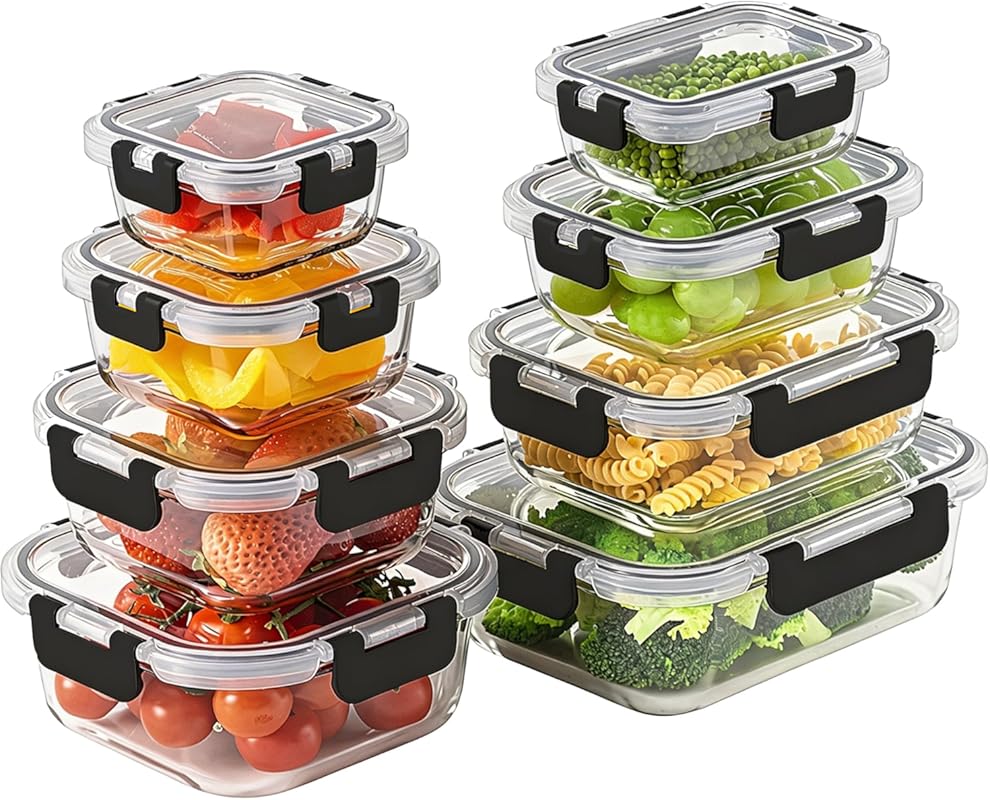 8 Pack Borosilicate Glass Meal Prep Containers with Snap Lock Lids, Ai