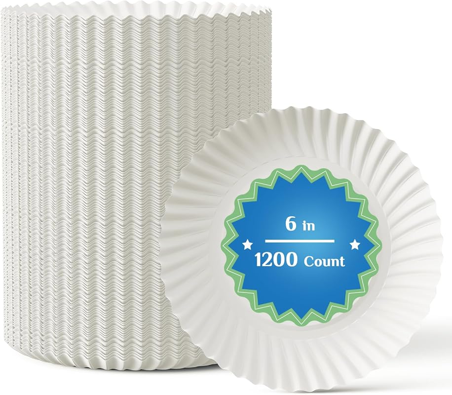 MUCHII 6-Inch White Uncoated Paper Plates, 1200 Count for Desserts and