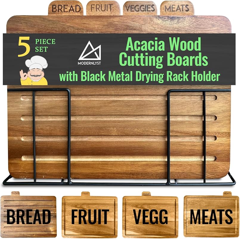 Acacia Cutting Board Set of 4 with Holder, Labeled Wooden Boards, Non-