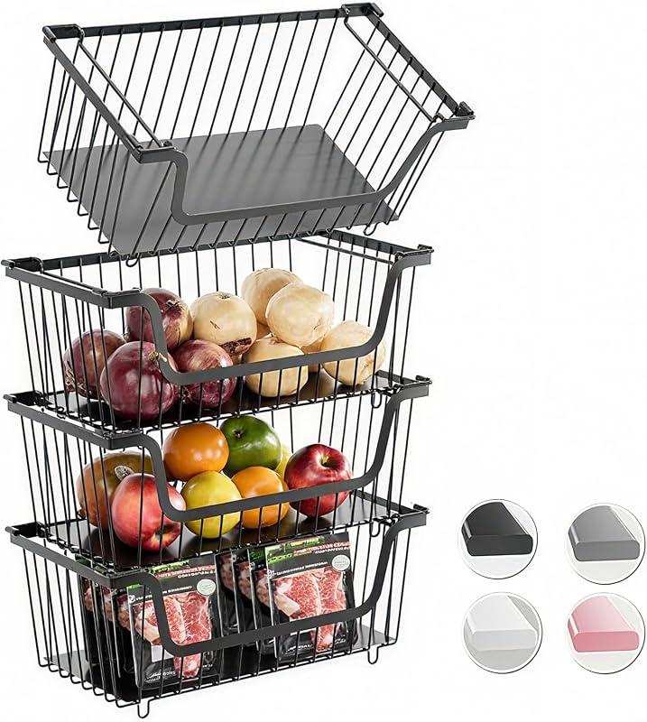 GAOKASE 4 Pcs Black Stackable Wire Baskets for Pantry Vegetable Fruit 