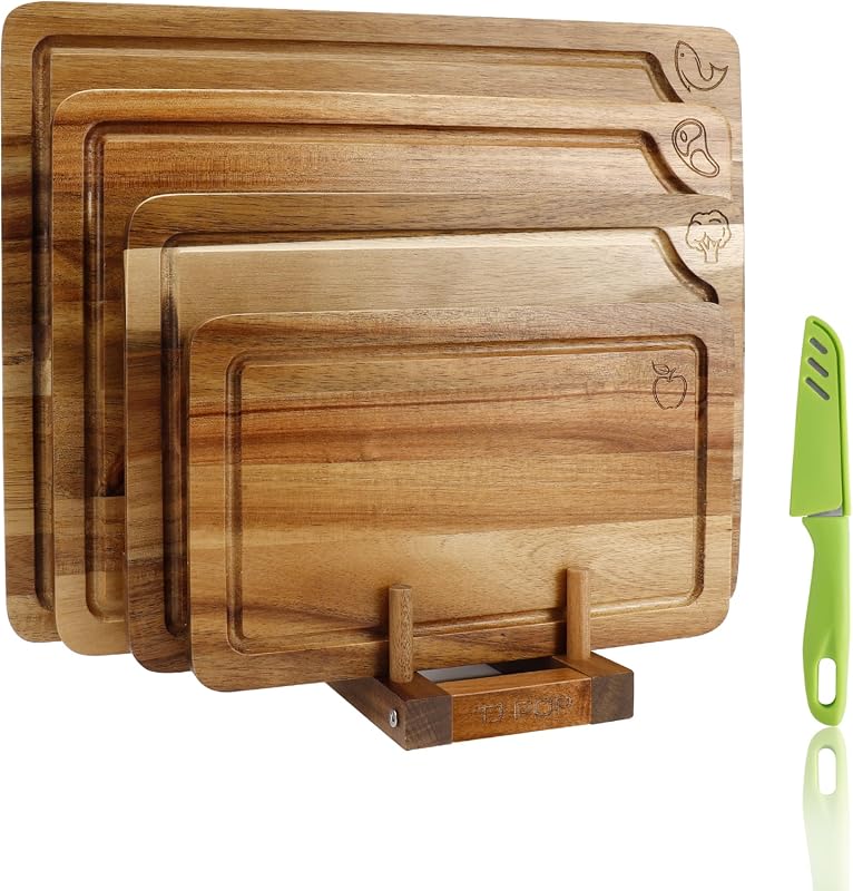 Wood Cutting Board Set of 4 with Food Icons, Chopping Boards for Meat,