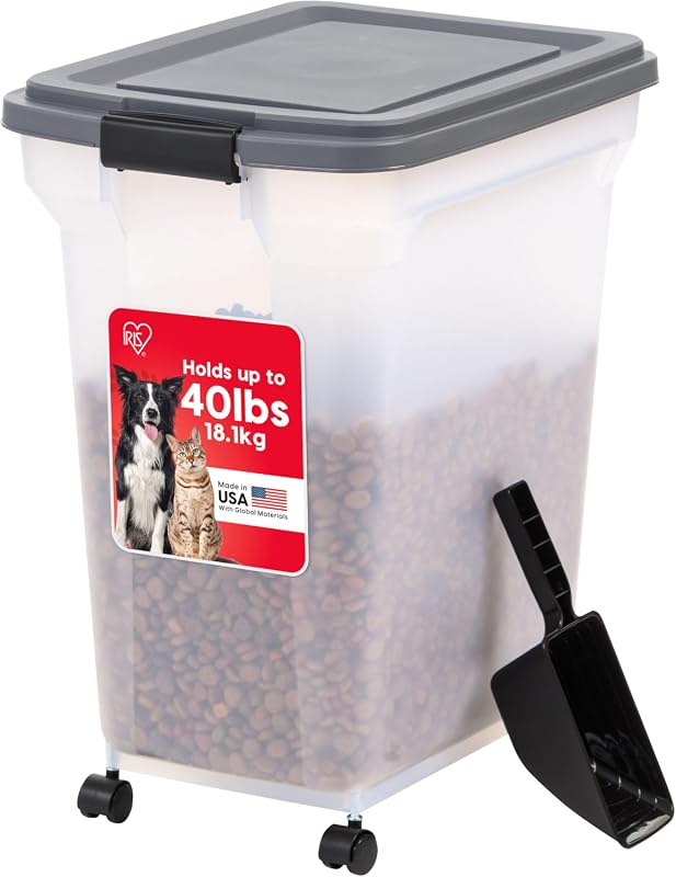 IRIS USA Dog Food Storage Container 40 lbs, Attachable Wheels, & Inclu