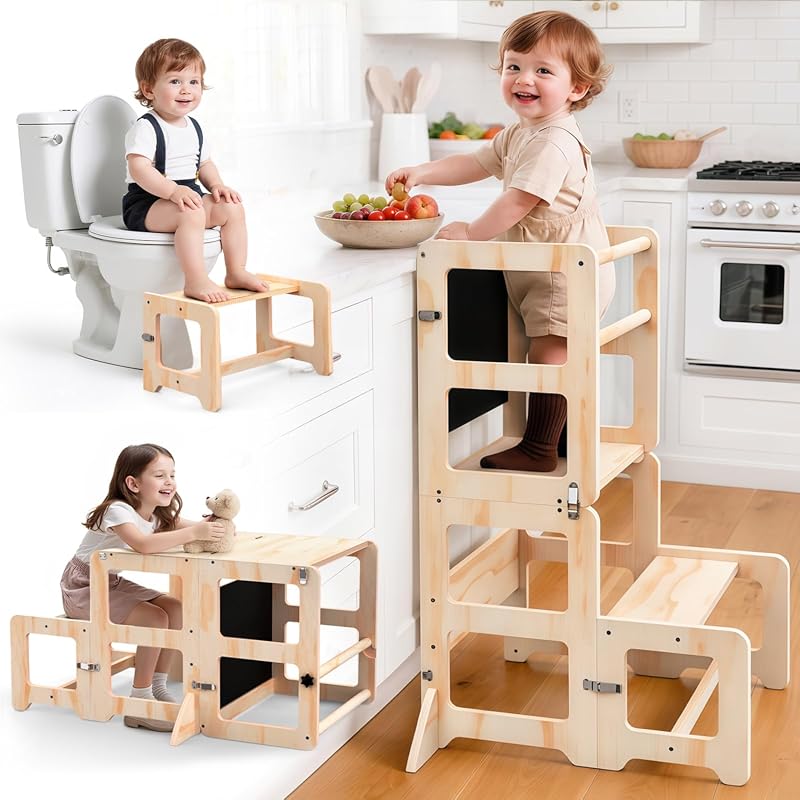 4-in-1 Foldable Toddler Kitchen Step Stool with Blackboard, Standing T