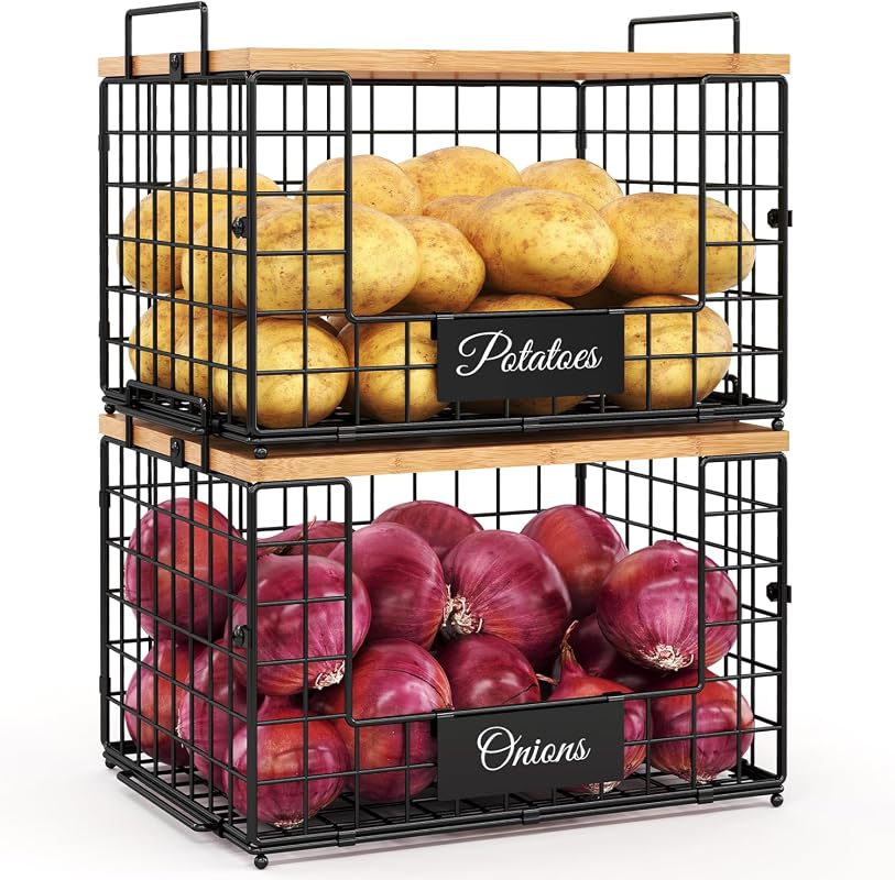 keomaisyto 2 Set XXL Stackable Wire Baskets with Wooden Tops for Potat