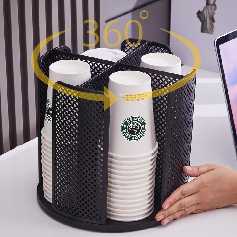 360° Rotatable Coffee Cup Dispenser with 4 Compartments, Holds 3-16oz
