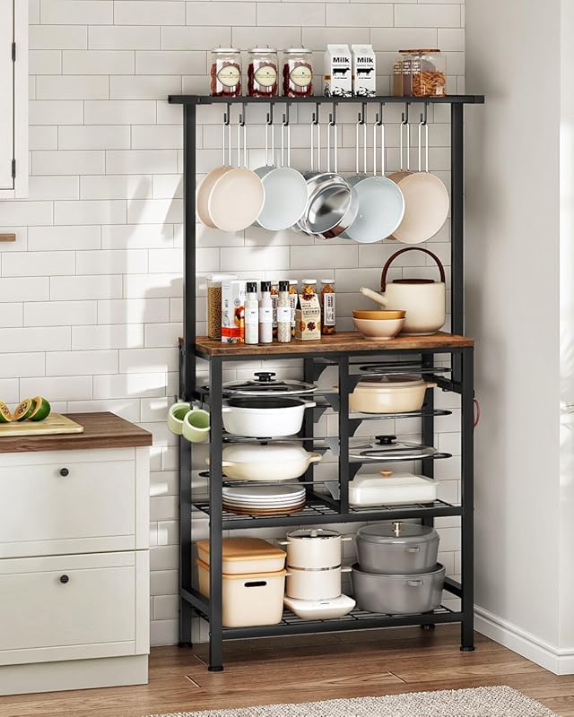 CHOEZON 5-Tier Pots and Pans Organizer Rack, Rustic Brown and Black Kitchen Bakers Rack