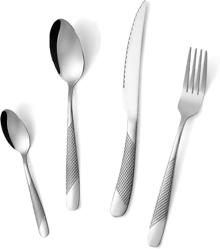 Hammered Stainless Steel 24-Piece Silverware Set for 4, Mirror Polished Flatware