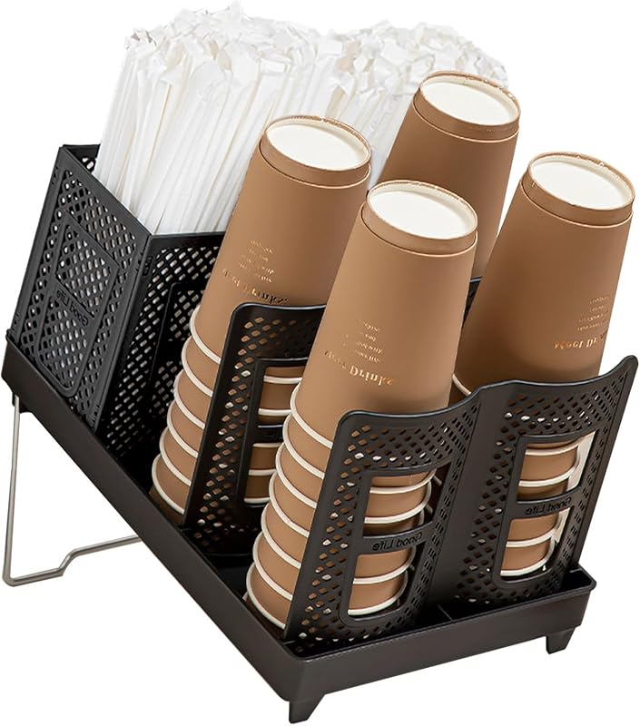 Cup and Lid Holder with Stand, 6 Slots Coffee Cup Dispenser with Straw