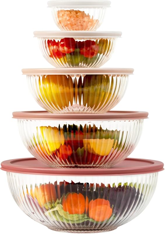 5-Pack Glass Mixing Bowls with Lids for Kitchen Baking, Meal Prep, and