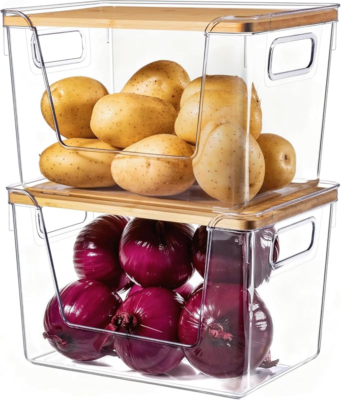 Criusia 2 Set Stackable Clear Pantry Organizers with Bamboo Lids for O