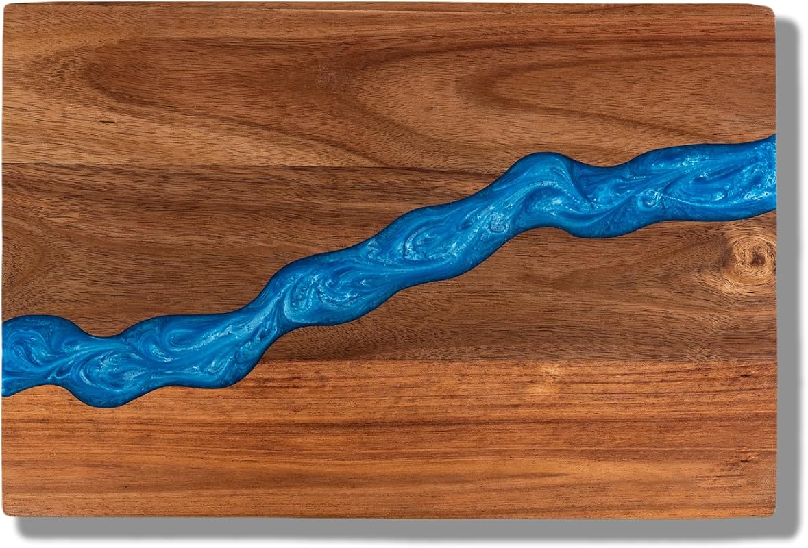 Handcrafted Blue River Epoxy Resin Art Board 15x10 Inch, Acacia Wood C