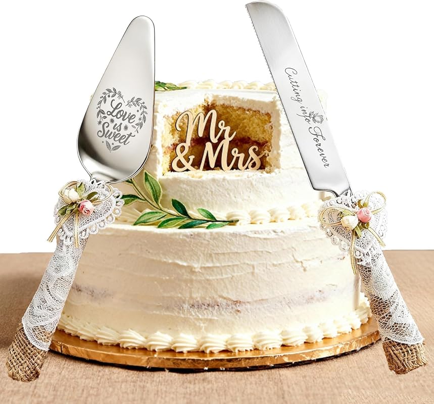 Wedding Cake Knife Server Set Serrated Knife and Server with Rustic La