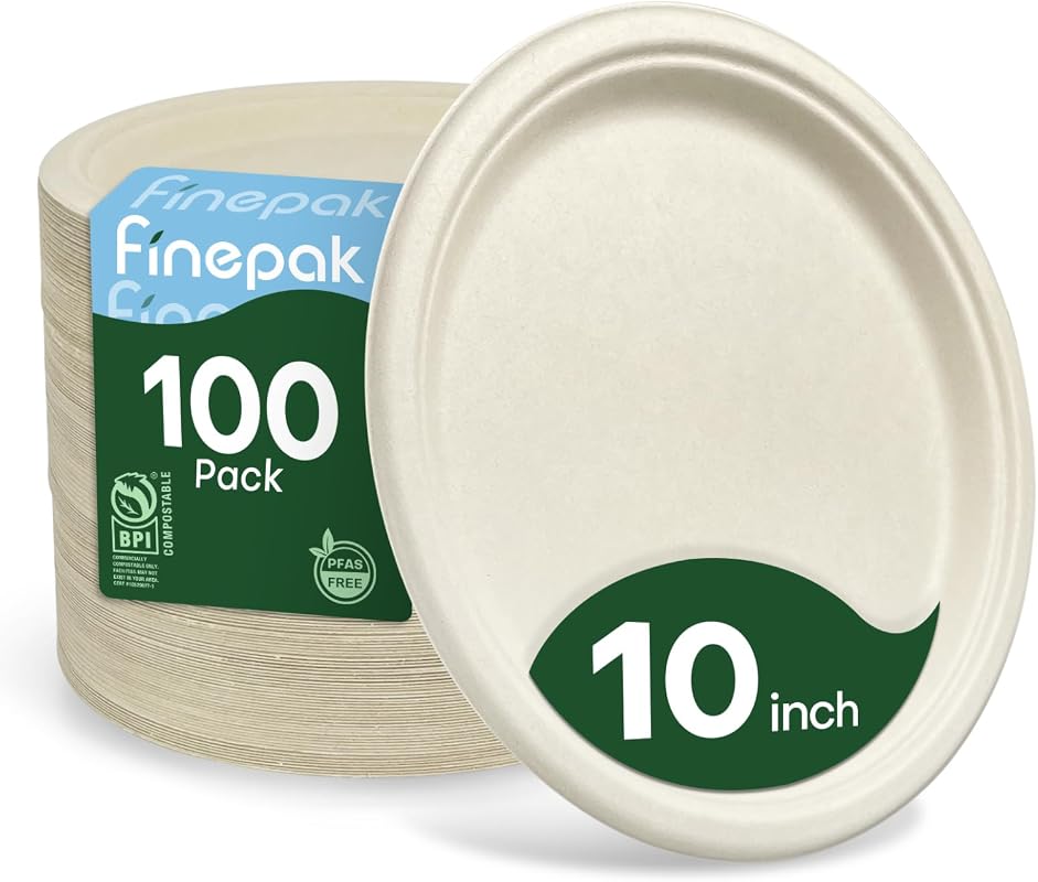 Compostable 10-Inch Sugarcane Paper Plates, 100 Pack, Biodegradable, U