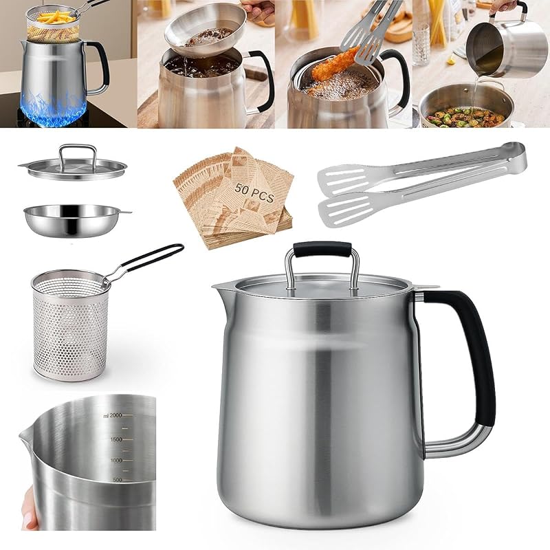 68oz 3-in-1 Stainless Steel Oil Filter Pot with Strainer and Tong for