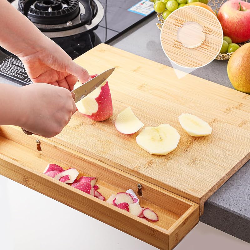 Bamboo Cutting Board with Counter Lip Waste Container Tray, 15.5x11.4 