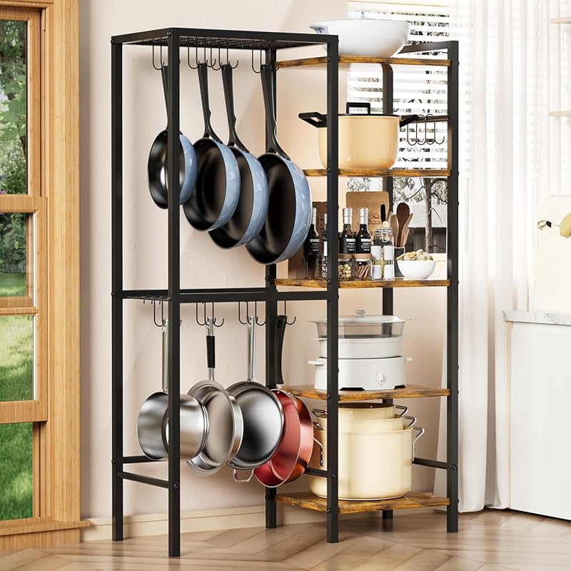 5-Tier Heavy-Duty Pot and Pan Organizer Rack with Hooks, Freestanding 