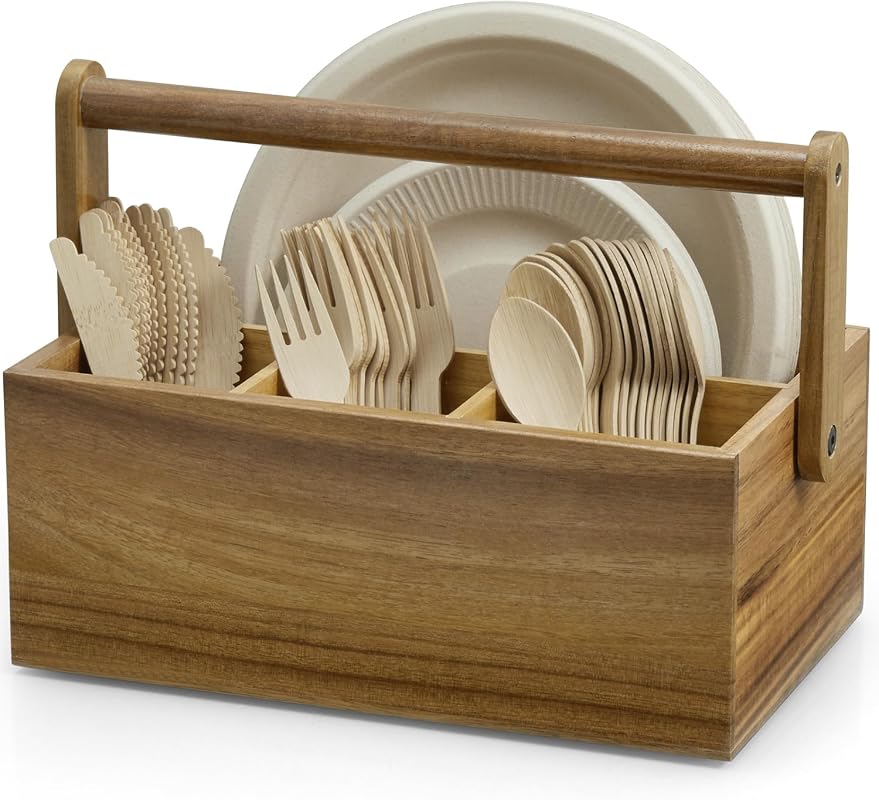 Acacia Paper Plate Dispenser, Paper Plate Holders with Handle, Picnic 