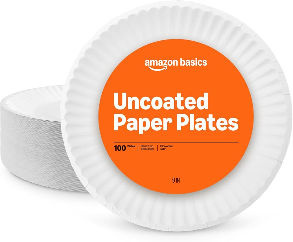 Amazon Basics 9-Inch Uncoated White Paper Plates, Microwave-Safe, 100