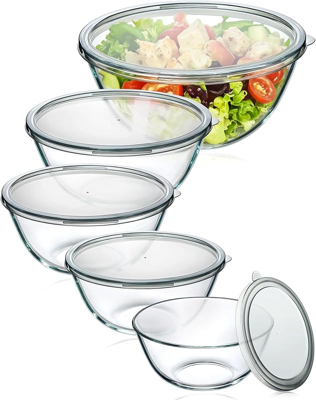 Set of 5 Thick Glass Mixing Bowls with Lids, Nesting Bowls for Baking,
