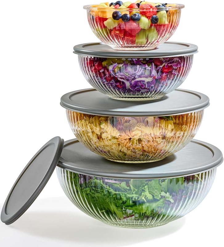 8pc Ribbed Glass Mixing Bowls with Leakproof Airtight Lids, BPA-Free S