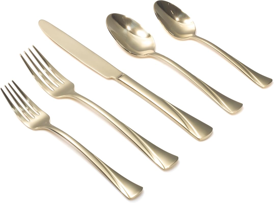 Alata Alice Champagne Gold 40-Piece Stainless Steel Silverware Set, Mirror Polished Flatware