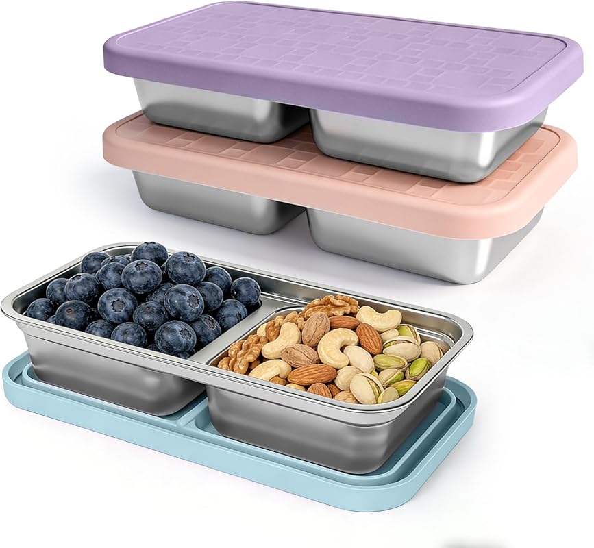 3 Pack 15 oz Stainless Steel Snack Containers for Kids, 2 Compartment