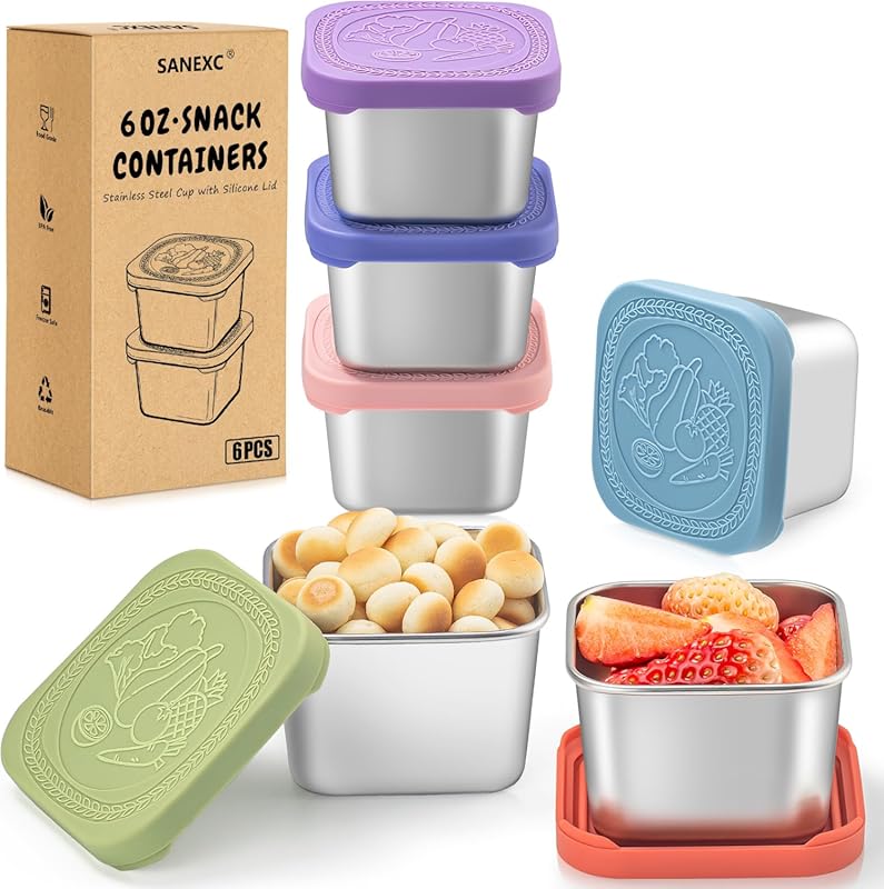 SANEXC 6-Pack 6 Oz Stainless Steel Snack Containers for Kids, Leak Pro