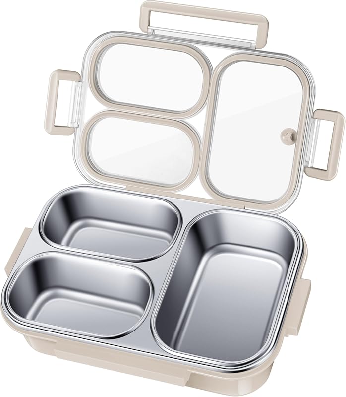 KTKUDY Cream Stainless Steel Bento Box, 25 oz Leakproof 3 Compartment