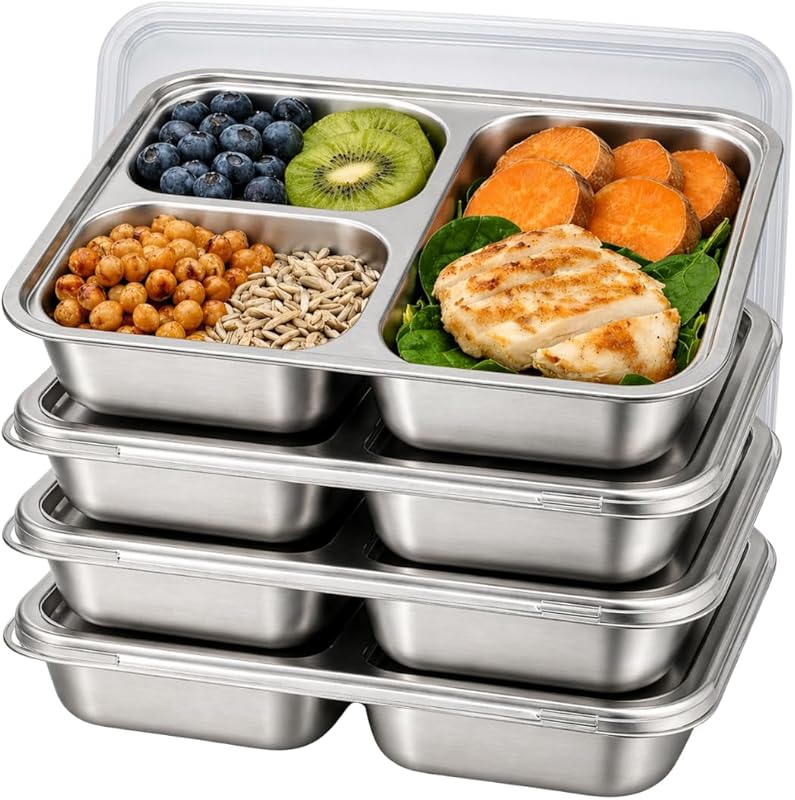4 Pack Stainless Steel Toddler Plates with Lids, 3 Compartment Bento B
