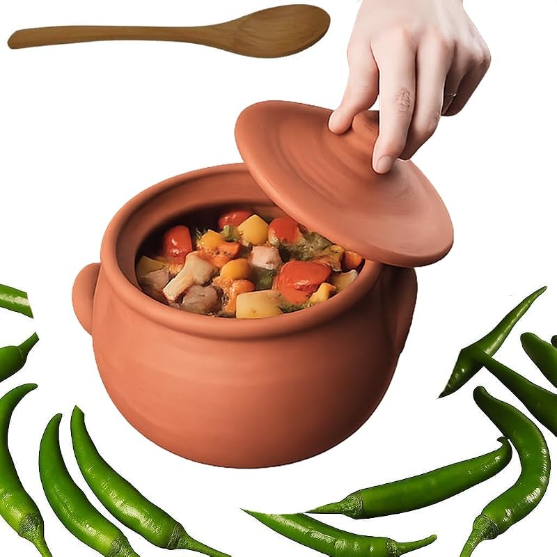 Handcrafted Unglazed Terracotta Clay Cooking Pot with Lid - 2.1 Quarts