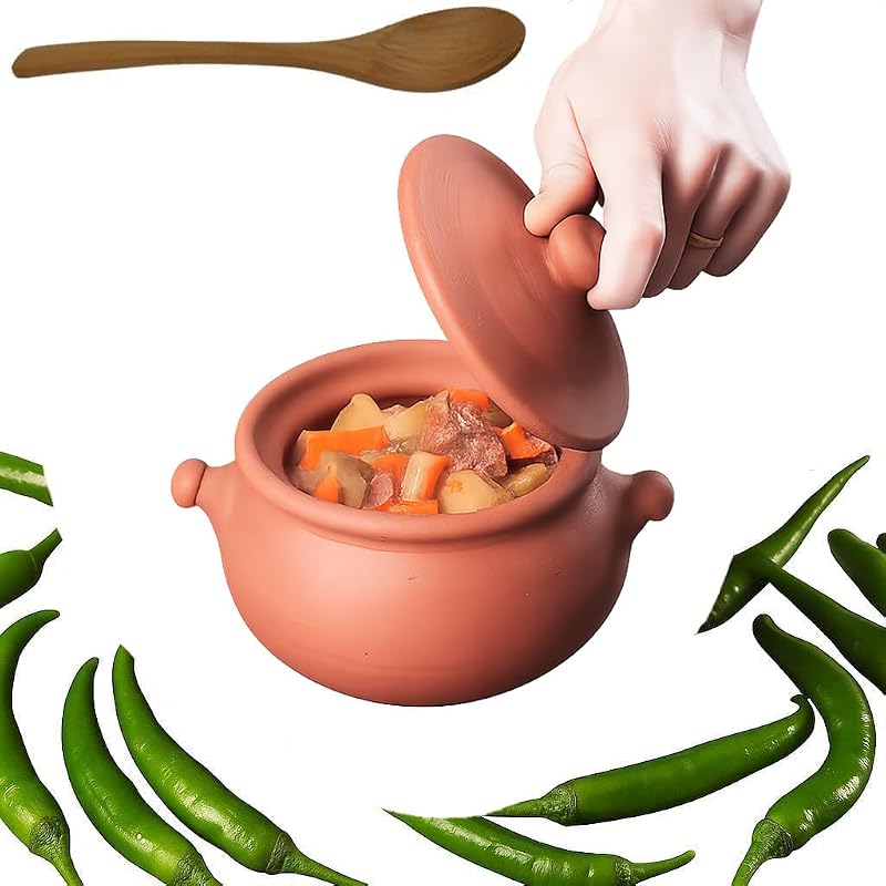 Small Handcrafted Unglazed Terracotta Clay Cooking Pot with Lid - 0.6