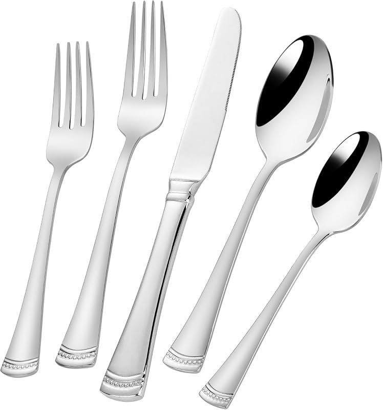 Heavy Duty 18/10 Stainless Steel Silverware Set for 8, 40 Pieces Modern Beaded Texture Handle Flatware