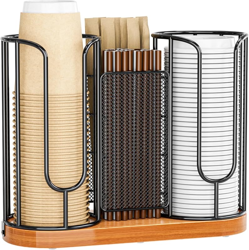 Coffee Cup and Lids Holder with Wooden Base, Disposable Cups Straws Or