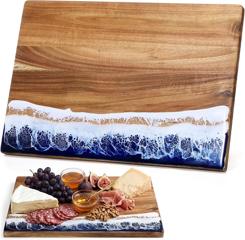 Hushee Acacia Wood Cutting Board with Blue Resin Wave, 14 Inch Decorat