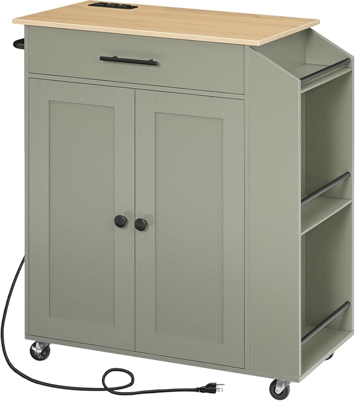 HOOBRO Rolling Kitchen Island with Power Outlet, Storage Cart with Spi