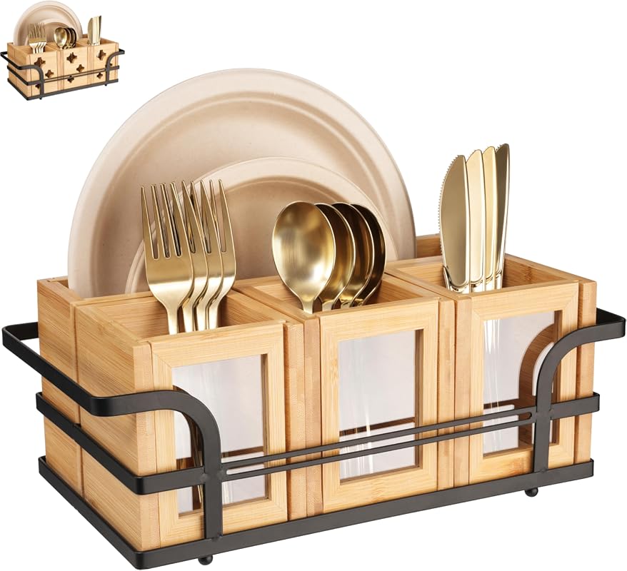 Silverware Caddy Wood Utensil Holder Cutlery Flatware Paper Plate Disp