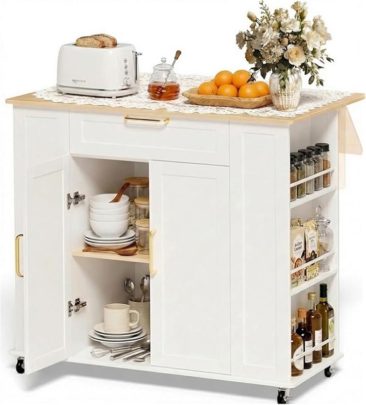 Faesun Rolling Kitchen Island on Wheels with Storage, Foldable Drop Le