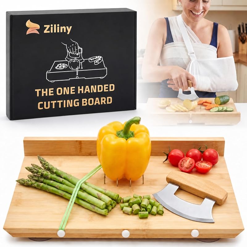 Ziliny One-Handed Cutting Board Set with Ulu Knife, Stainless Steel Sp