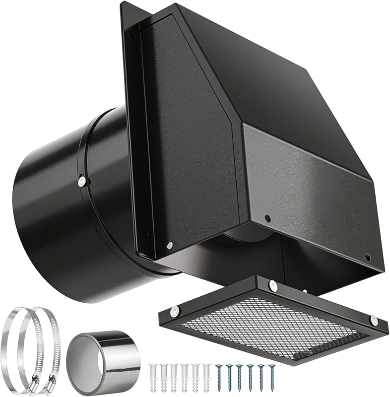 6 Inch Black Hooded Wall Vent with Foam Gasket for Noise Reduction, Ga