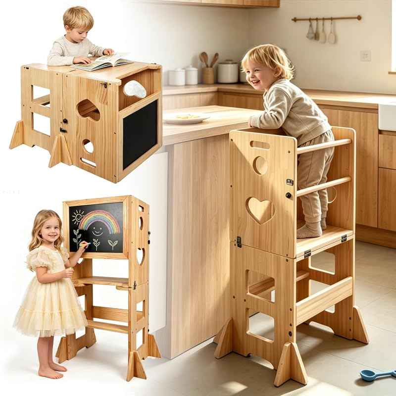 Heifriday 4-in-1 Hardwood Toddler Kitchen Step Stool with Blackboard a